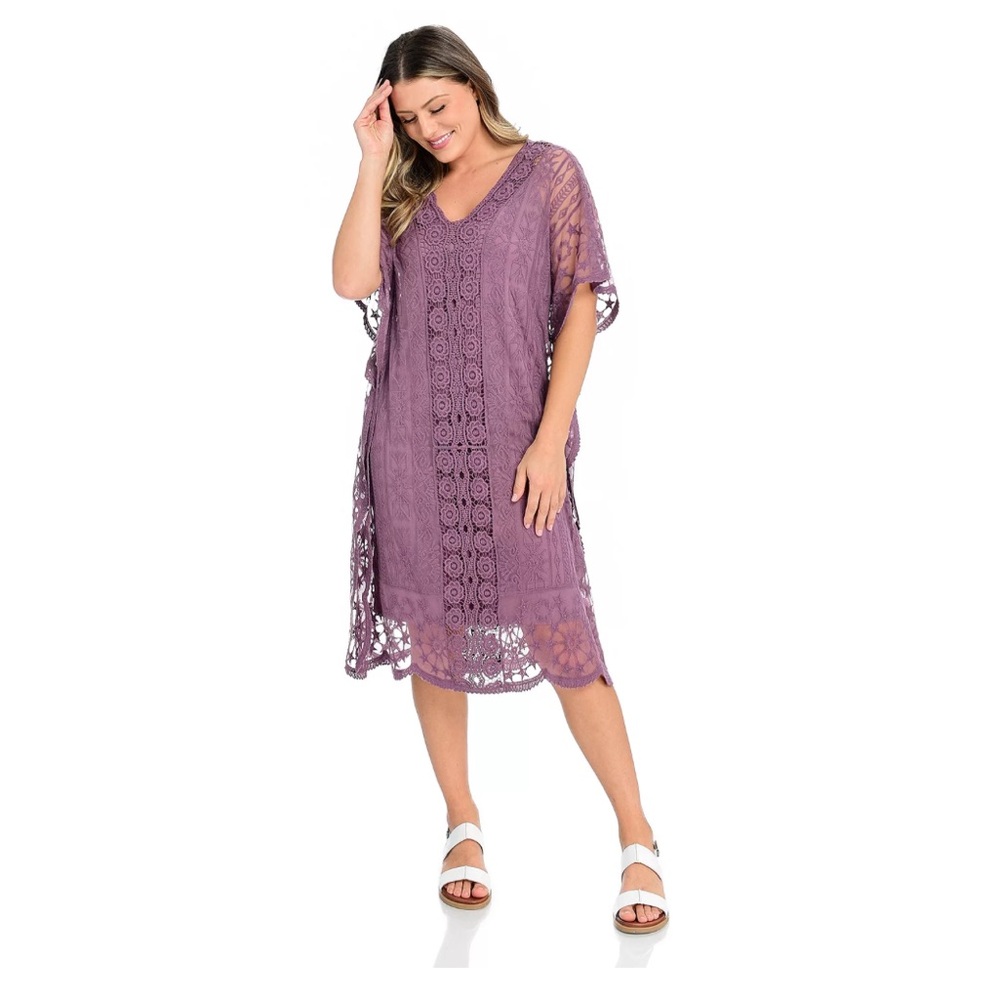 Women’s Indigo‎ Thread Co. Purple Crochet Caftan Dress w/ Stretch Knit Slip